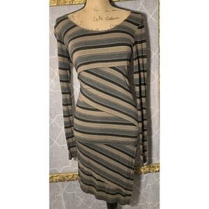 Max Studio Asymmetrical Striped Black Gray Stretch LS Dress Sz XS Geometric EUC